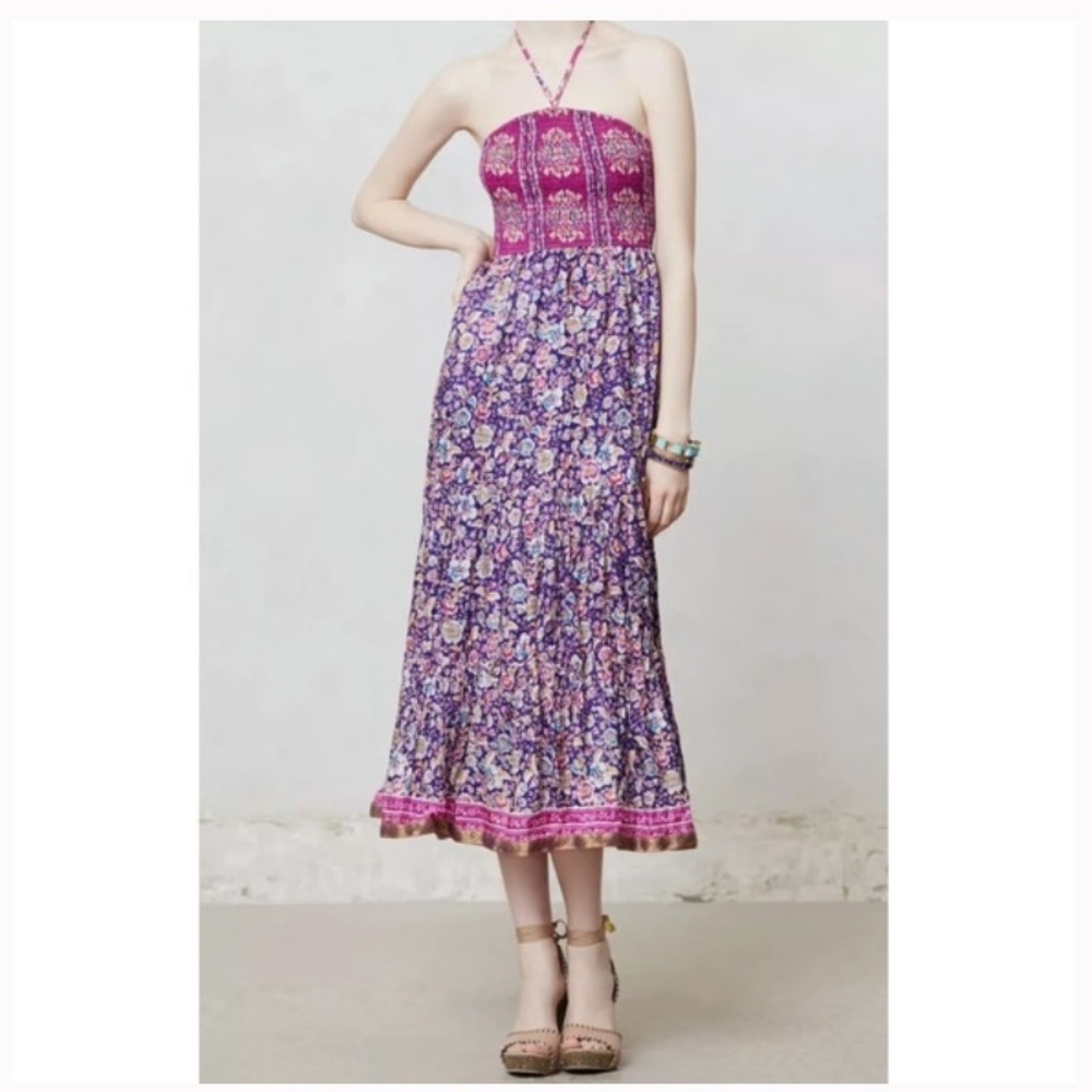 Anthropologie Purple & Pink Floral Midi Dress